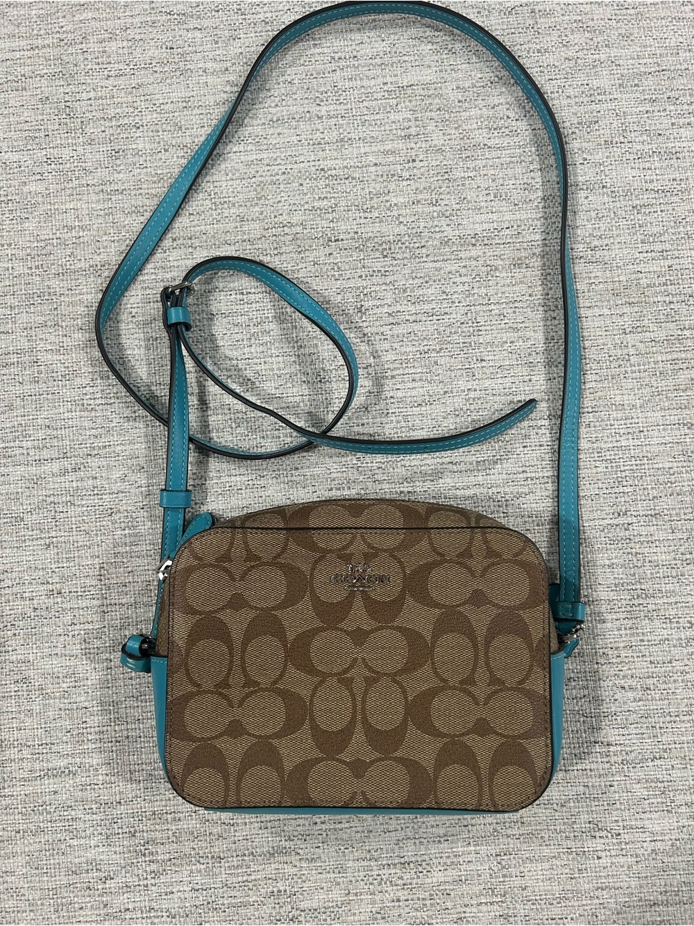 Coach Brown Signature Canvas Crossbody with Teal Trim